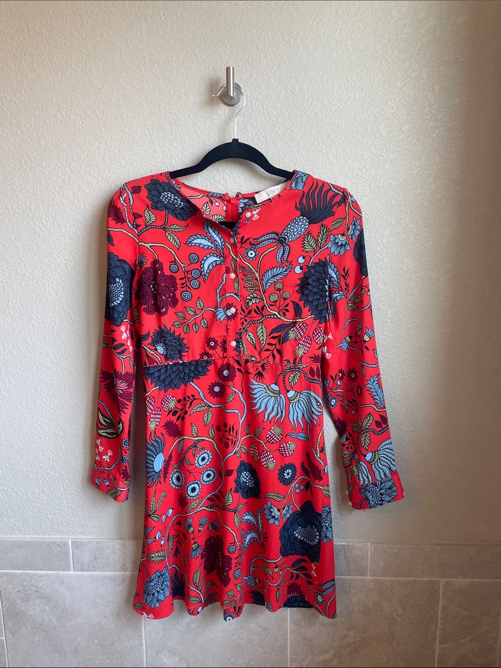 Ann Taylor Loft Womens Red Primavera Floral Long Sleeve Buttoned Mini Dress